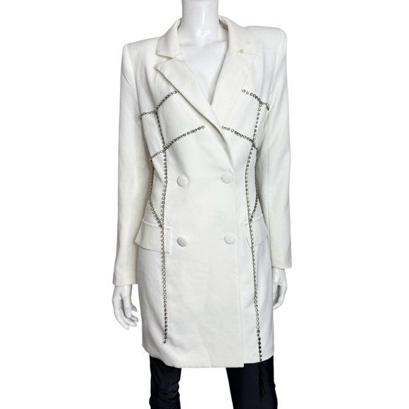 Valiant Rhinestone Embellished Double Breasted Long White Blazer Jacket Dress - Picture 1 of 7